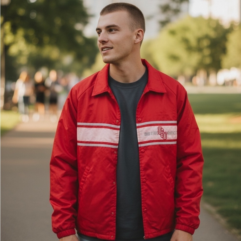 Vintage Ohio State Buckeyes Coach Jacket Red Embroidered OSU Snap Front L